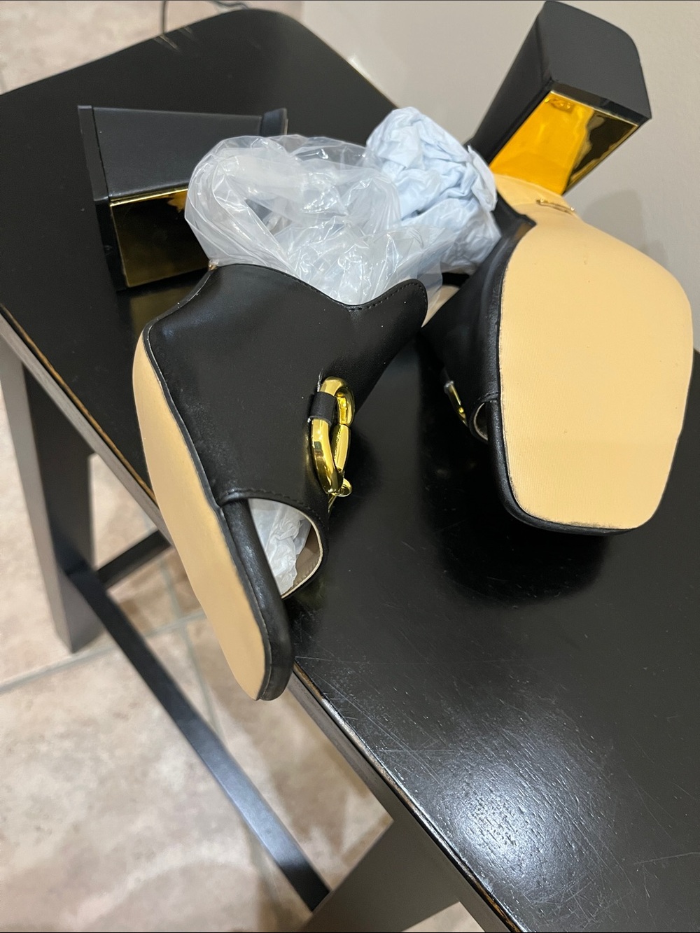 NWT Black Open-Toe Mule with Gold Horsebit Hardware - Picture 5 of 11